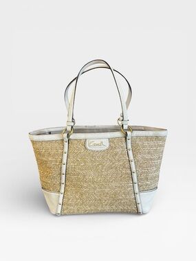 Coach Straw Raffia Tote Bag White Leather Trim Shoulder Bag Summer Beach ☀️👜